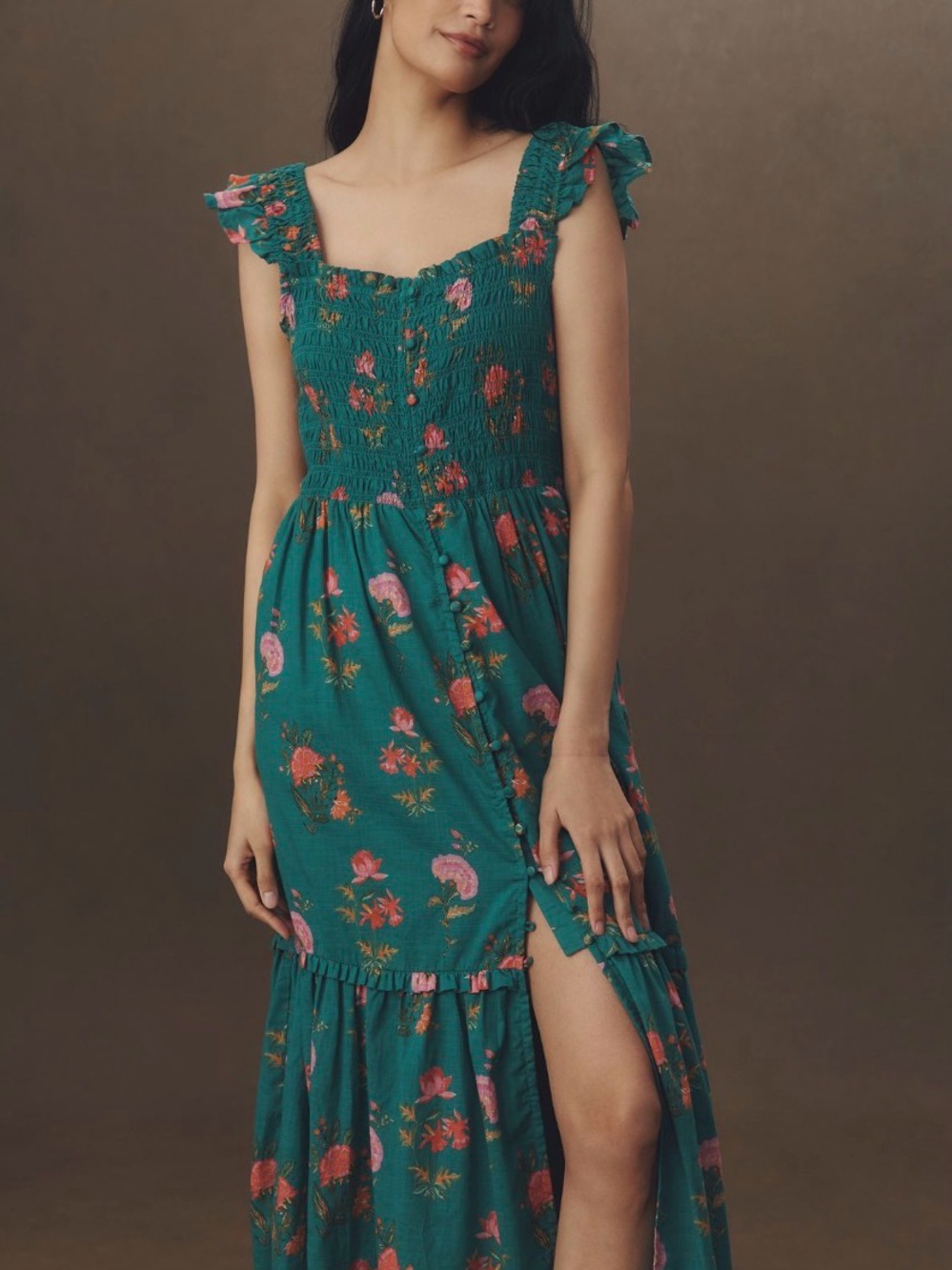 Anthropologie Peregrine Square Neck Midi Dress Pockets Smocked Flounce Teal Pink - Picture 6 of 16